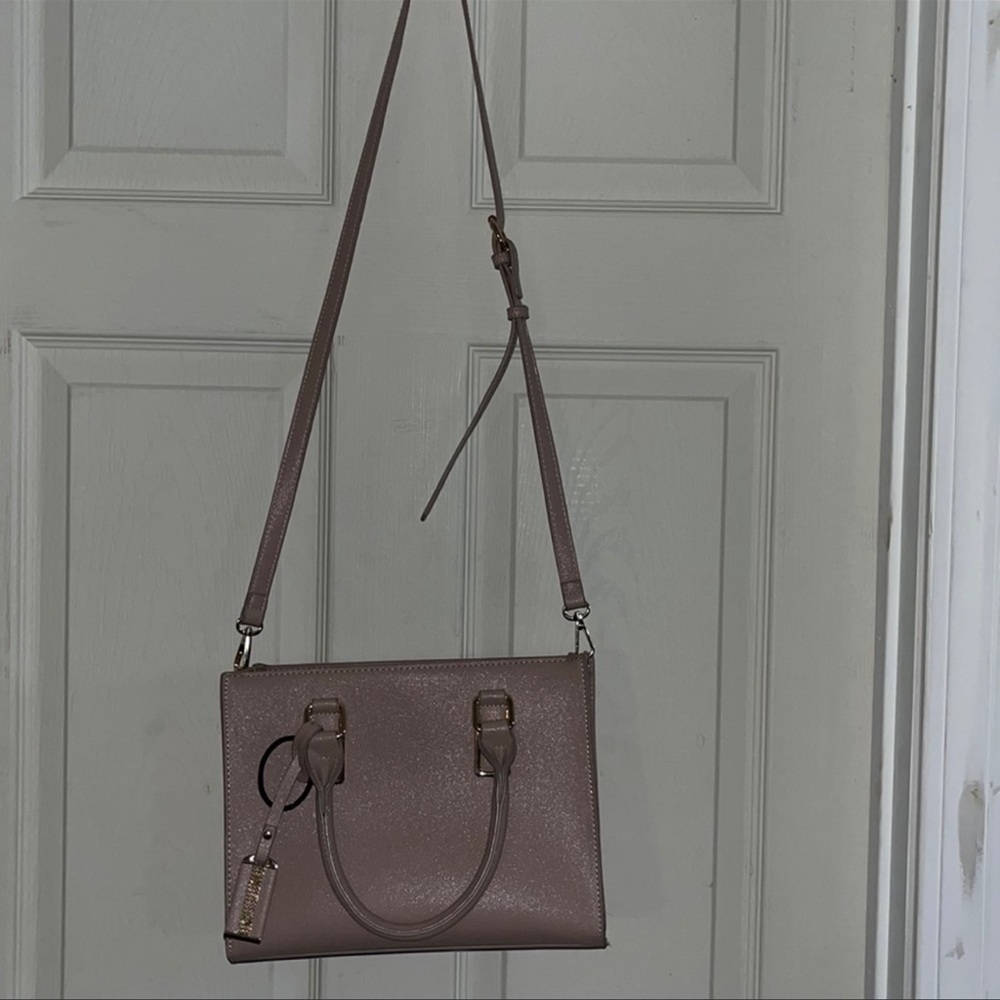 Blush Pink Structured Satchel Crossbody Handbag Faux Leather Gold Hardware